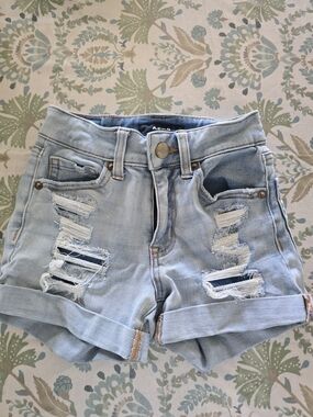 Aero Aeropostle Midi High-rise Light Blue Distressed Denim Shorts Size 000